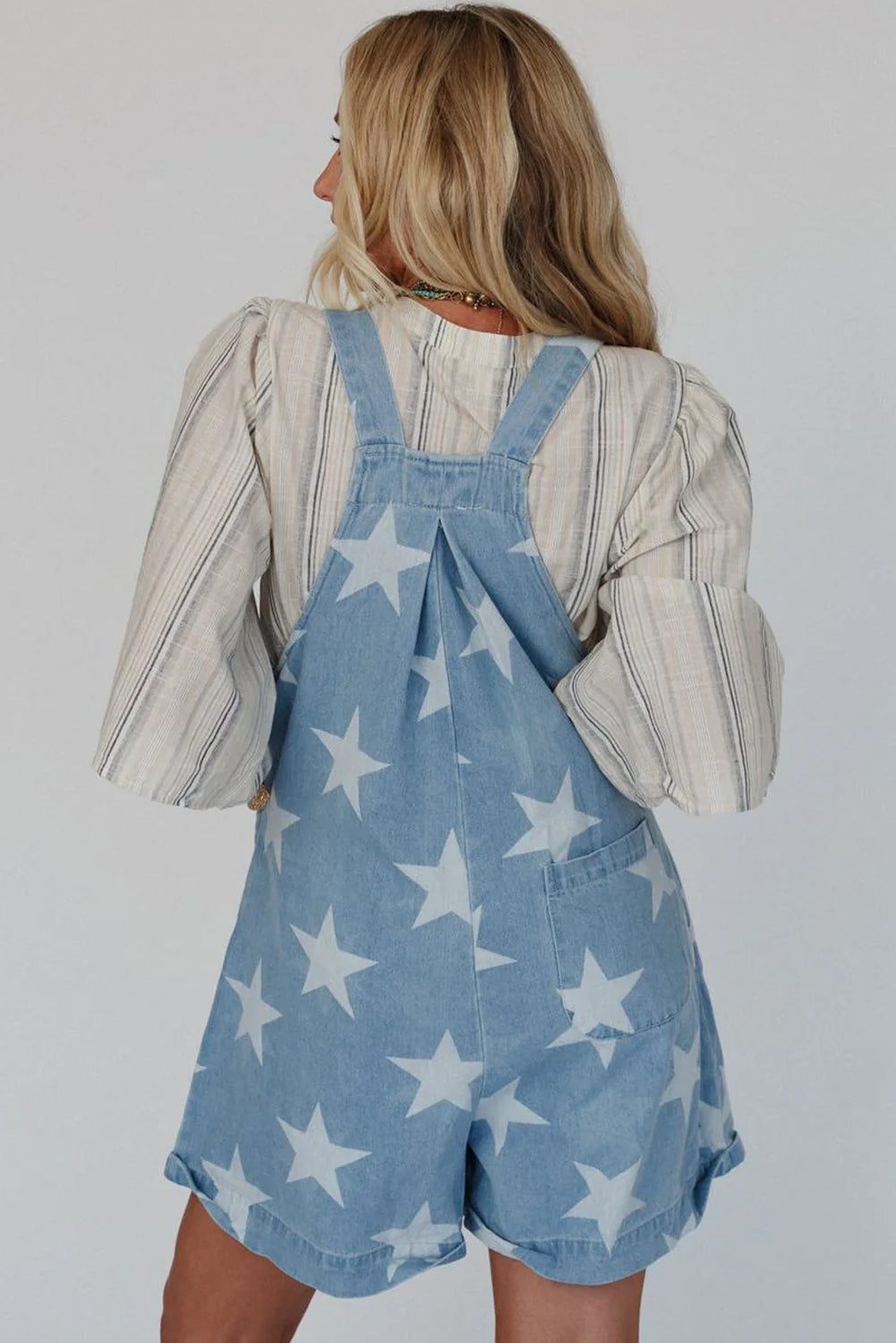 Light Blue Star Printed Buttoned Straps Pocketed Denim Romper Jumpsuits & Rompers JT's Designer Fashion