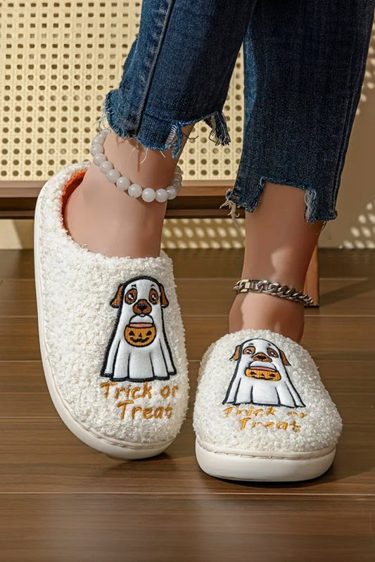 White Cute Ghost Trick Or Treat Pattern Plush Winter Home Slippers Slippers JT's Designer Fashion