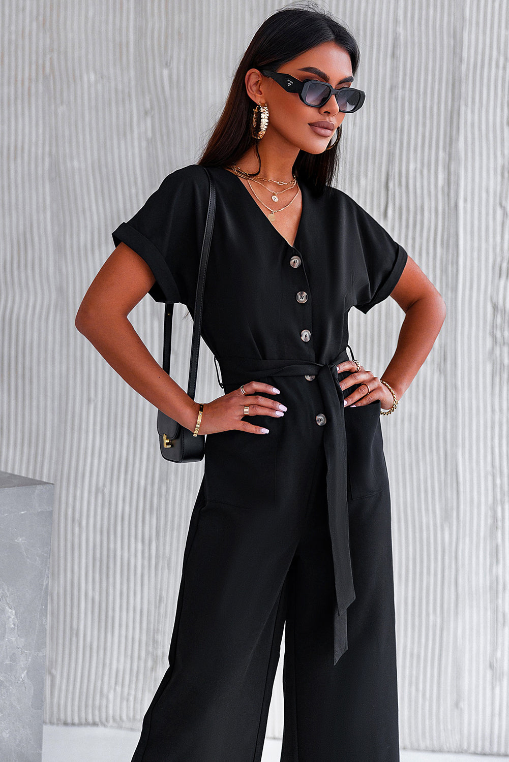 Black V Neck Pocketed Jumpsuit Jumpsuits & Rompers JT's Designer Fashion