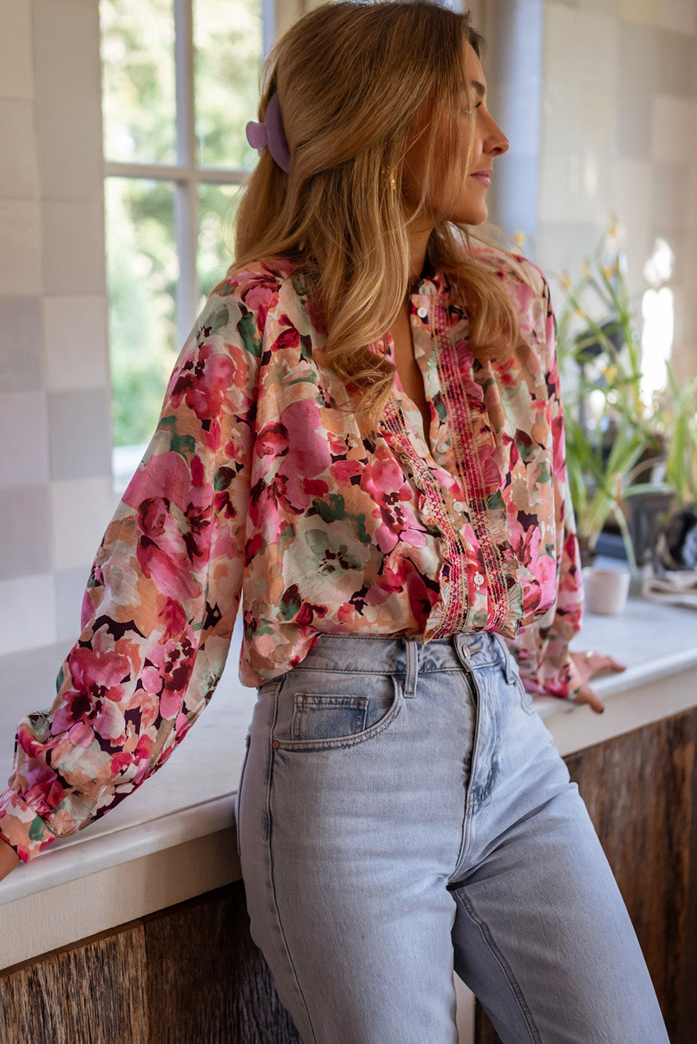 Red Floral Print Ruffled Stitch Buttoned Loose Fit Shirt Blouses & Shirts JT's Designer Fashion