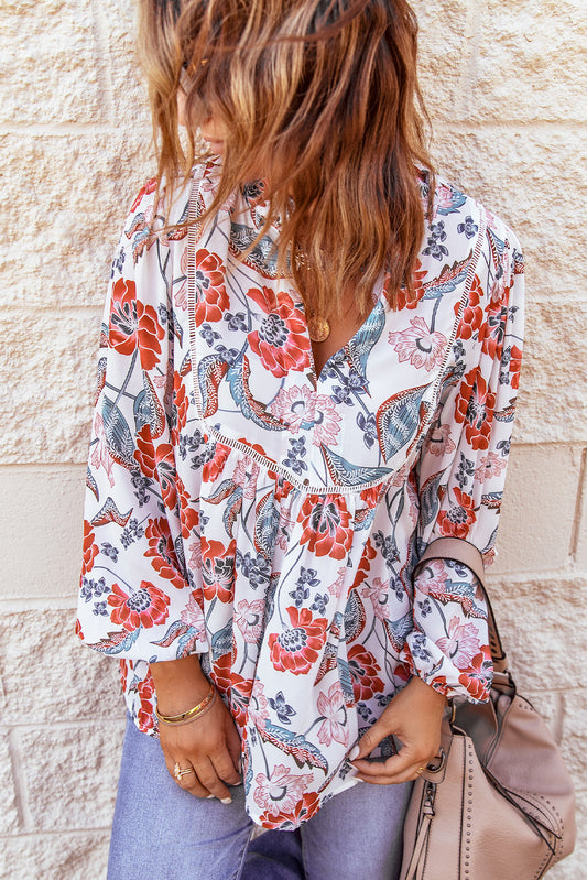 Fiery Red Split Neck Bubble Sleeve Floral Patchwork Blouse Blouses & Shirts JT's Designer Fashion