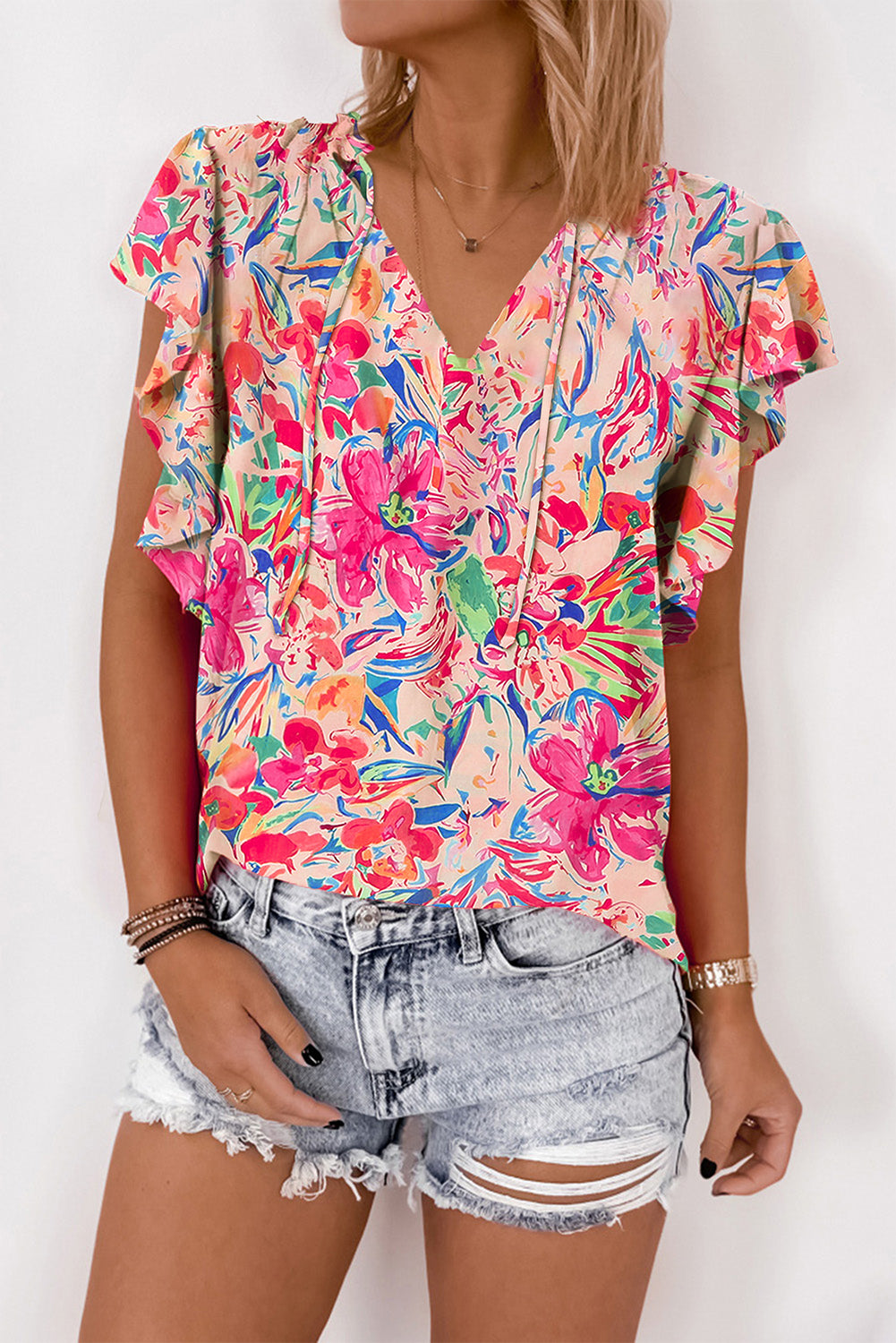 Multicolour Floral Ruffled Sleeve V Neck Summer Blouse Blouses & Shirts JT's Designer Fashion