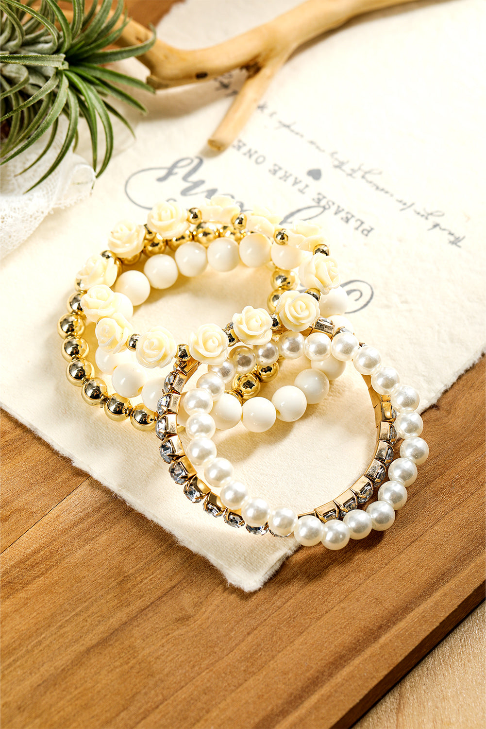 White Flower Rhinestone Beaded Multi Layer Bracelet Set Jewelry JT's Designer Fashion