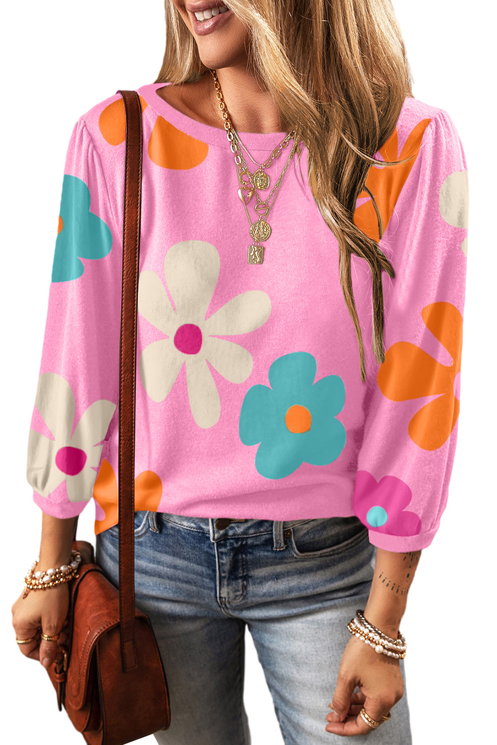 Rose Cute Flower Print Bracelet Sleeve Top Tops & Tees JT's Designer Fashion