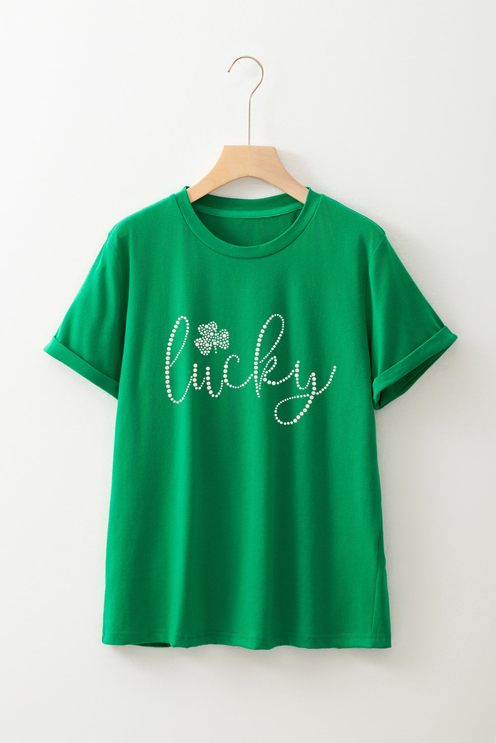Bright Green Ceramic Rhinestone Lucky Clover Graphic Tee Graphic Tees JT's Designer Fashion