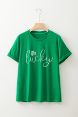 Bright Green Ceramic Rhinestone Lucky Clover Graphic Tee Graphic Tees JT's Designer Fashion