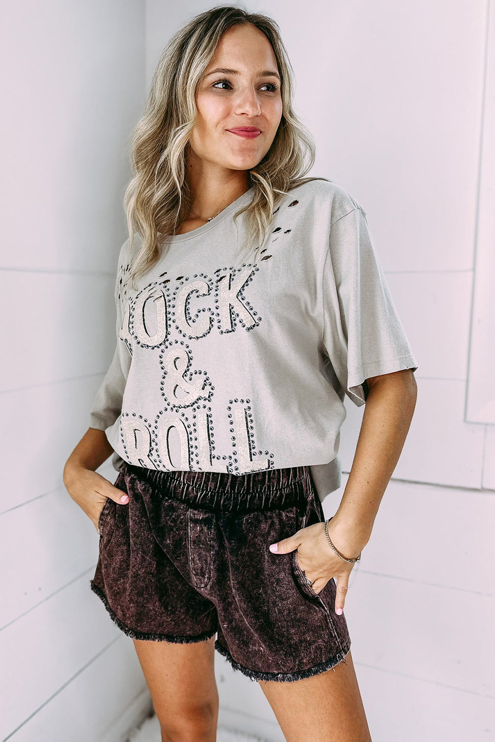 Gray Rock & Roll Graphic Distressed Oversized Tee Tops & Tees JT's Designer Fashion