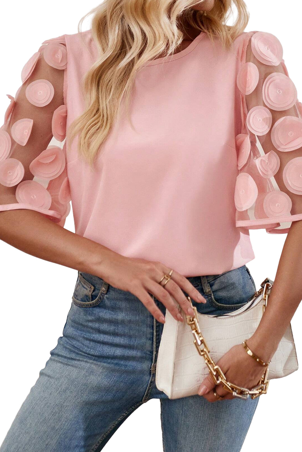 Dusty Pink Contrast Applique Mesh Half Sleeve Blouse Pre Order Tops JT's Designer Fashion