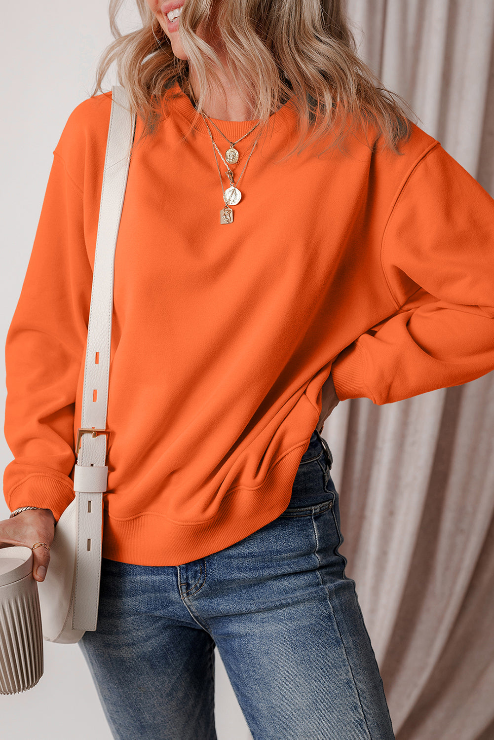 Russet Orange Solid Fleece Lined Drop Shoulder Terry Sweatshirt Sweatshirts & Hoodies JT's Designer Fashion