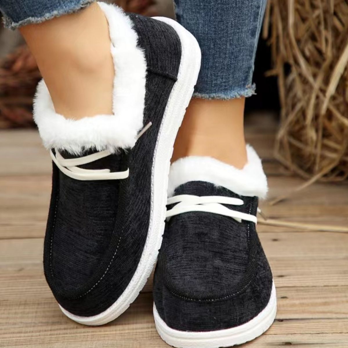 Lace Up Round Toe Furry Sneakers Black Shoes JT's Designer Fashion