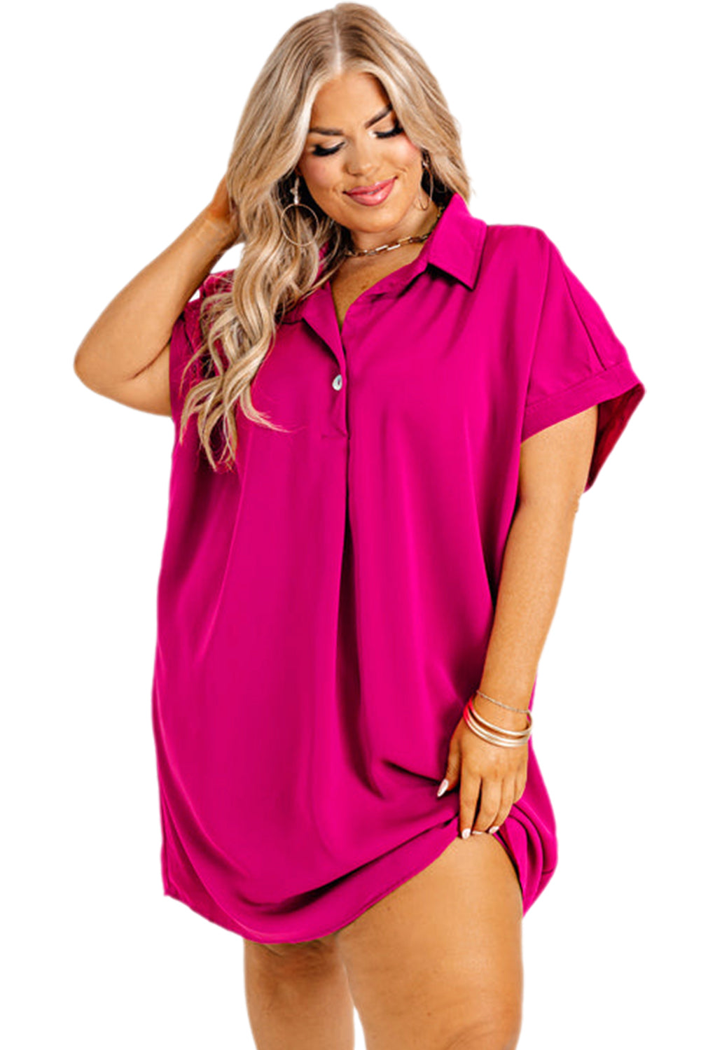 Bright Pink Collared V Neck Short Sleeve Shift Plus Size Dress Plus Size JT's Designer Fashion