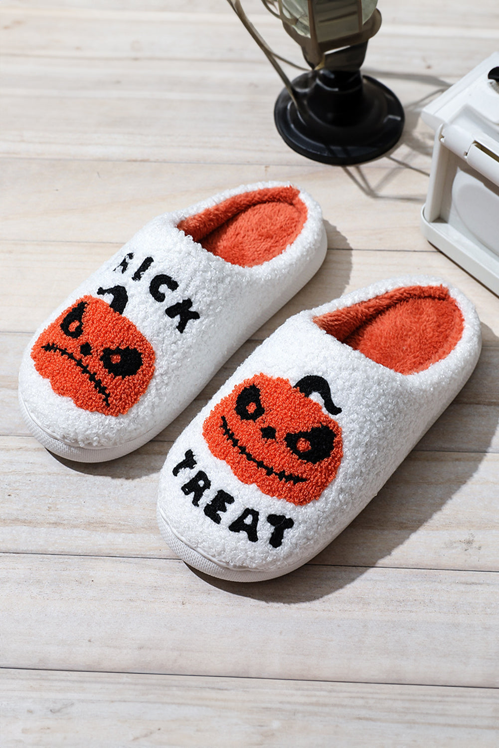 White Halloween Pumpkin Trick Or Treat Plush Slippers Slippers JT's Designer Fashion