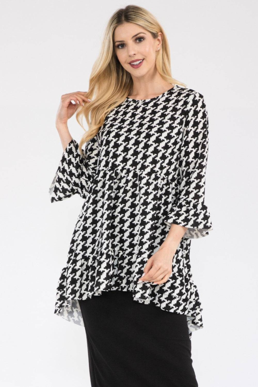 Celeste Full Size Houndstooth Flounce Sleeve High-Low Top Black Tops JT's Designer Fashion