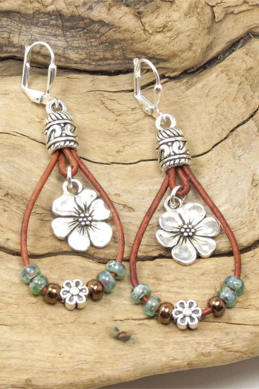 Silvery Western Leather Beaded Floral Dangle Earrings Jewelry JT's Designer Fashion