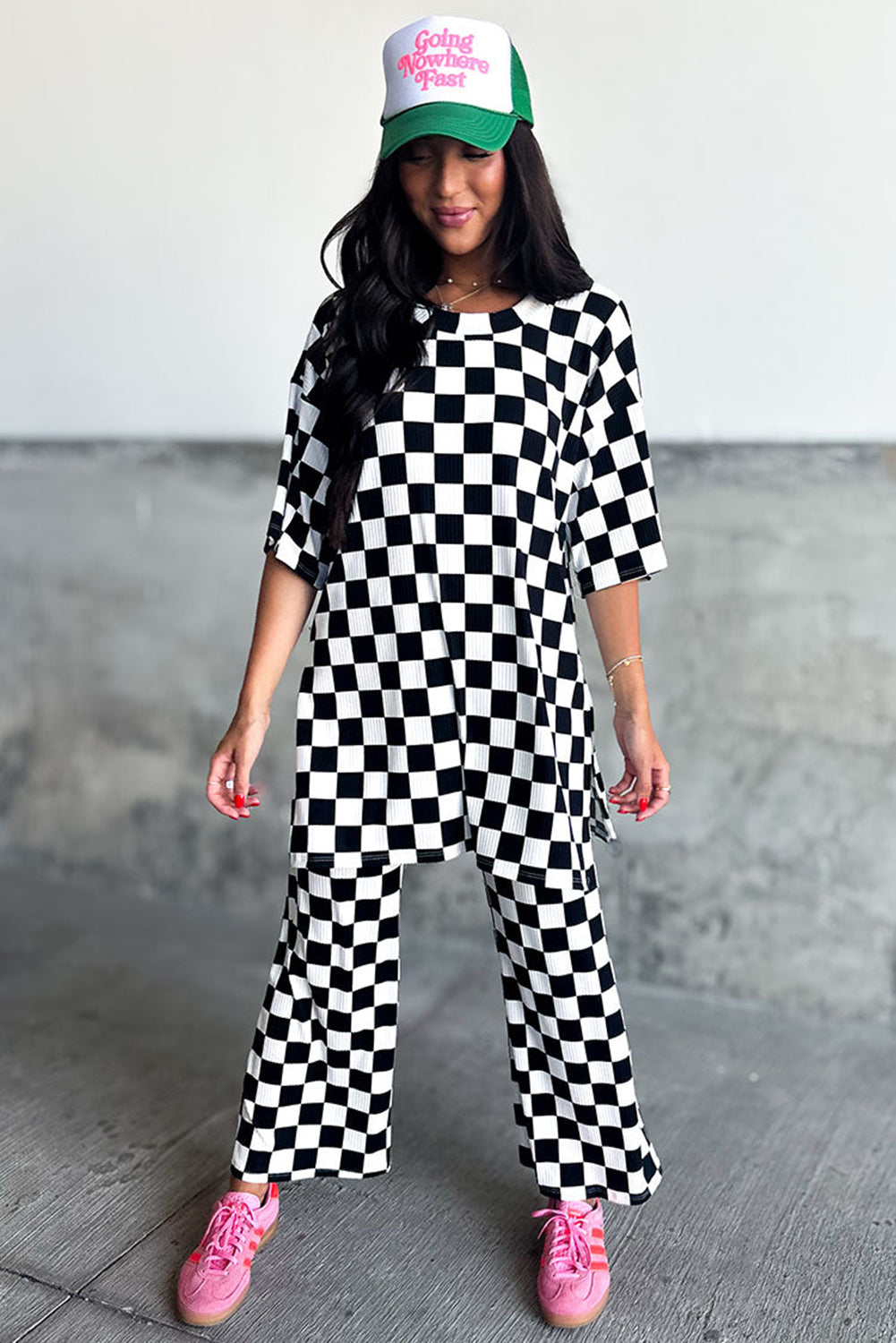 Black Checkered Print Half Sleeve Tunic Top and Flared Pants Set Pant Sets JT's Designer Fashion