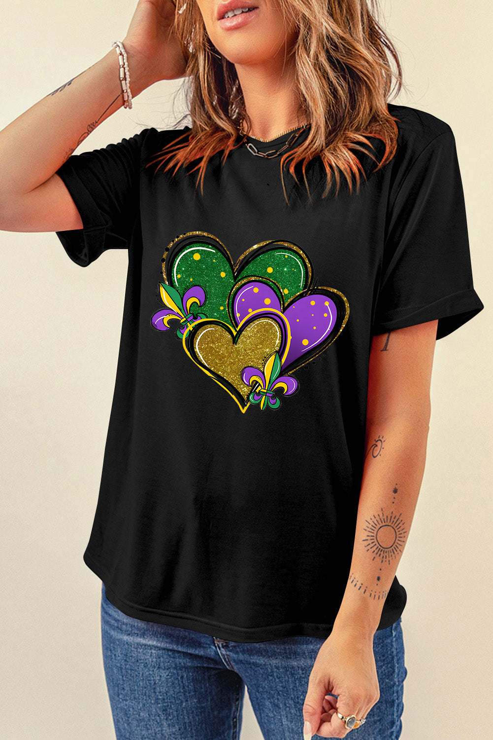 Black Fleur de Lis Heart Printed Mardi Gras T Shirt Graphic Tees JT's Designer Fashion