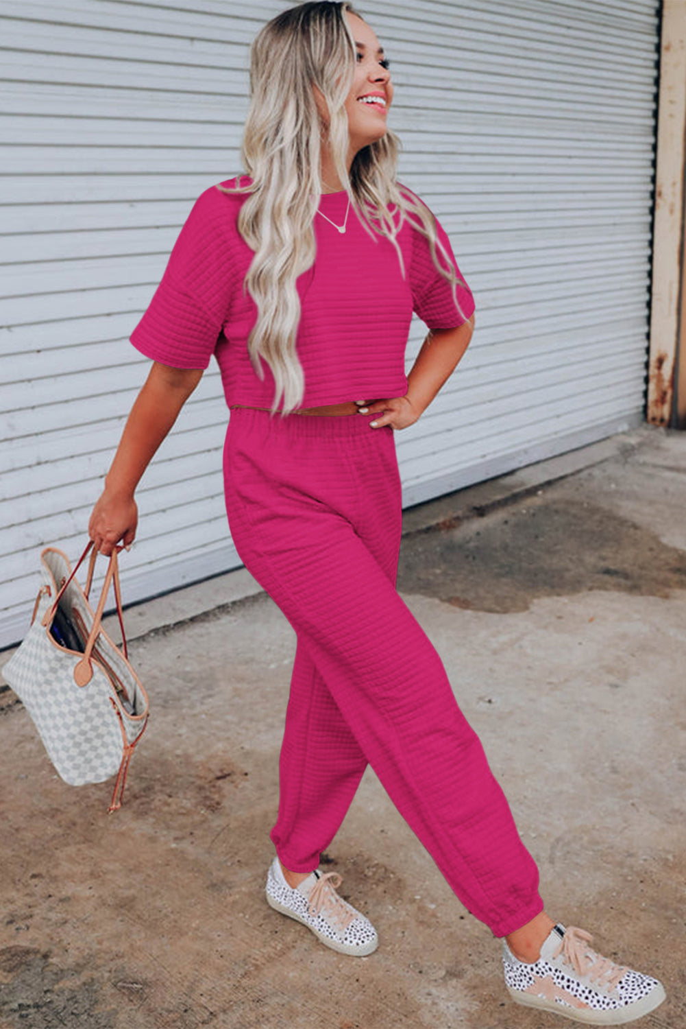 Rose Red Lattice Textured Cropped Tee and Jogger Pants Set Pre Order Bottoms JT's Designer Fashion