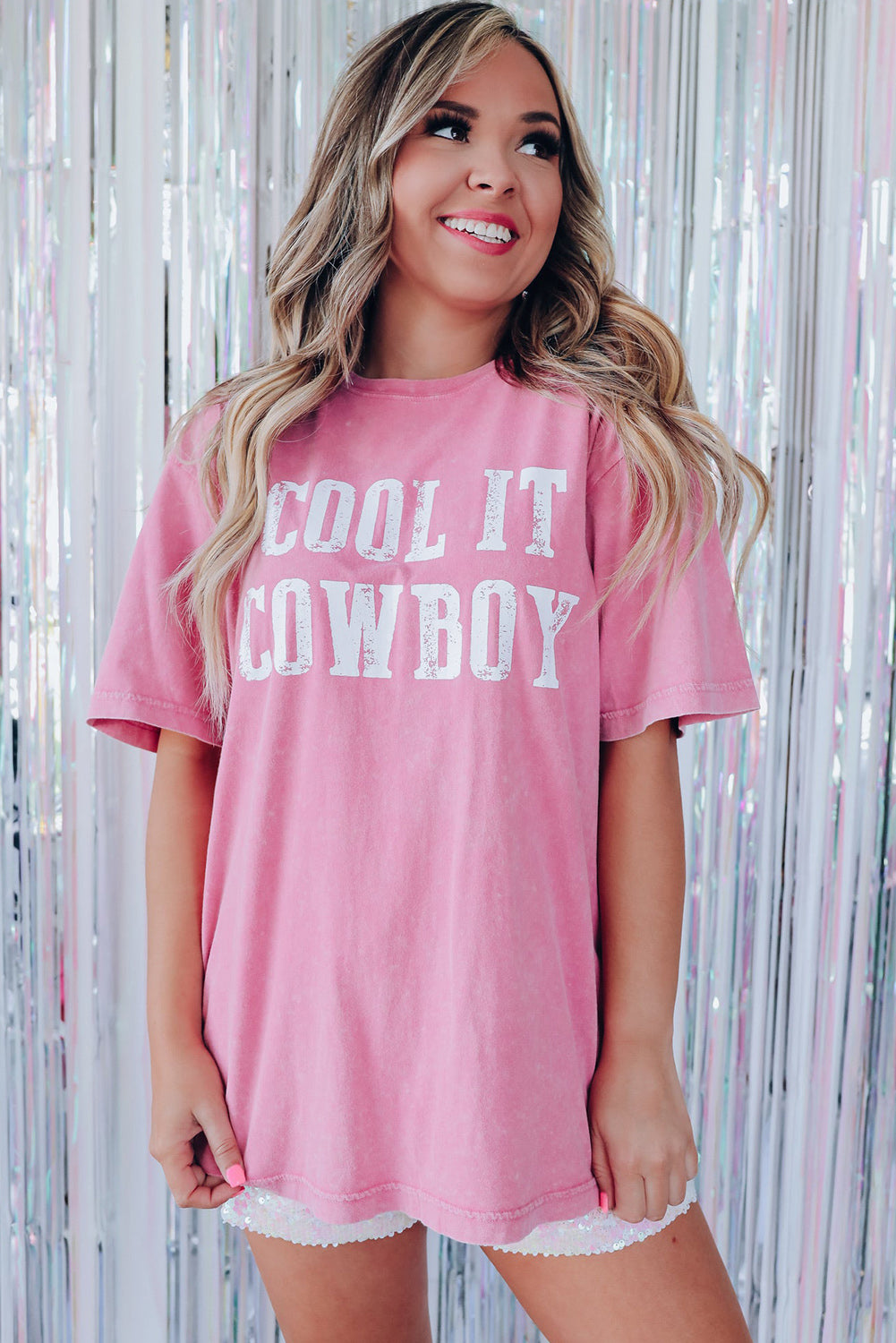 Pink Mineral Wash Cool It Cowboy Graphic Oversized Tee Pre Order Tops JT's Designer Fashion