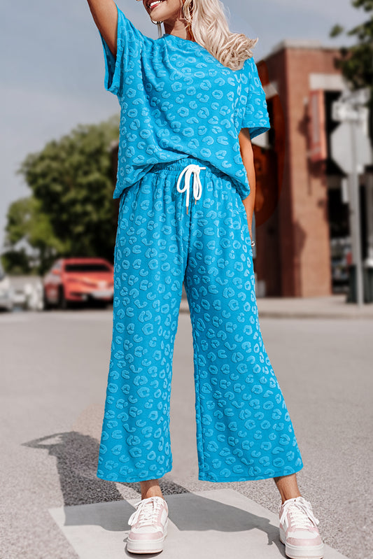 Blue Leopard Jacquard Short Sleeve Top and Wide Leg Pants Set Pant Sets JT's Designer Fashion