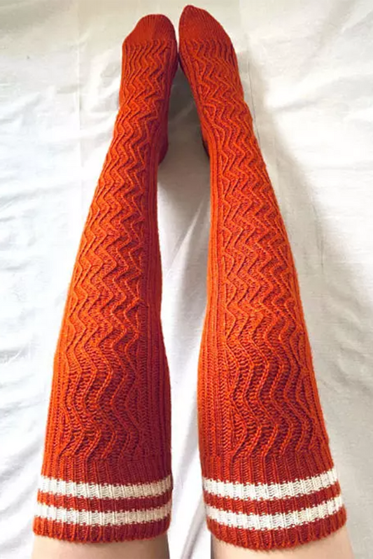 Orange Striped Trim Wavy Knitted Over Knee Long Socks Socks JT's Designer Fashion