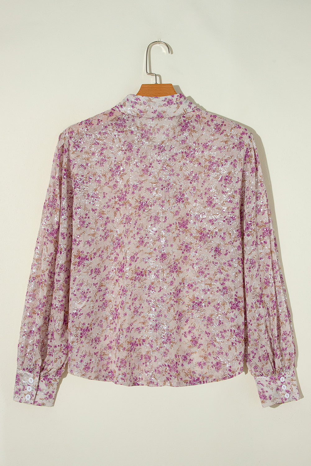 Pink Floral Print Bishop Sleeve Collared V Neck Shirt Blouses & Shirts JT's Designer Fashion