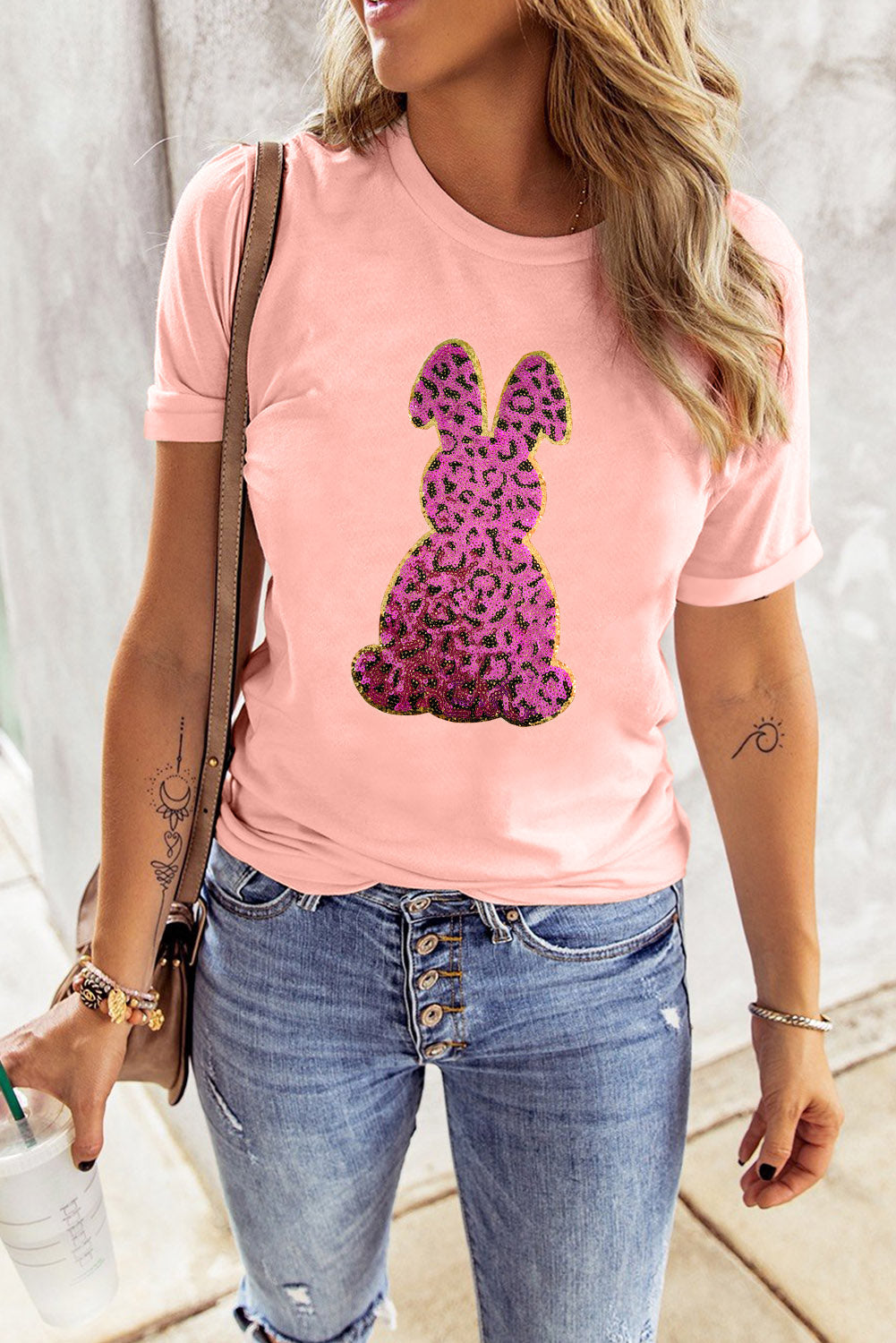 Pink Sequined Leopard Bunny Easter Graphic Tee Graphic Tees JT's Designer Fashion