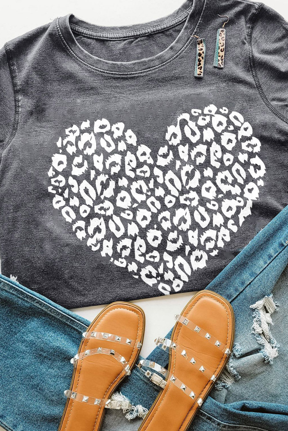 Gray Leopard Kiss Print Valentines Heart Graphic Tee Gray 95%Polyester+5%Elastane Graphic Tees JT's Designer Fashion