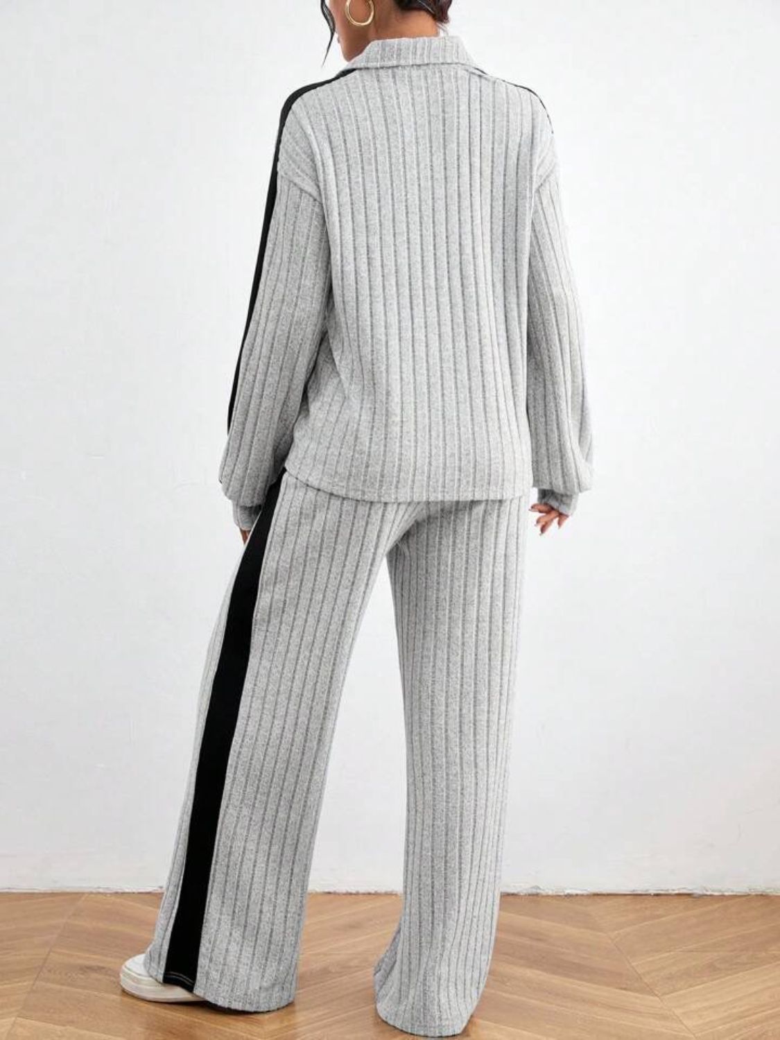 Contrast Collared Neck Long Sleeve Top and Pants Set Pant Sets JT's Designer Fashion