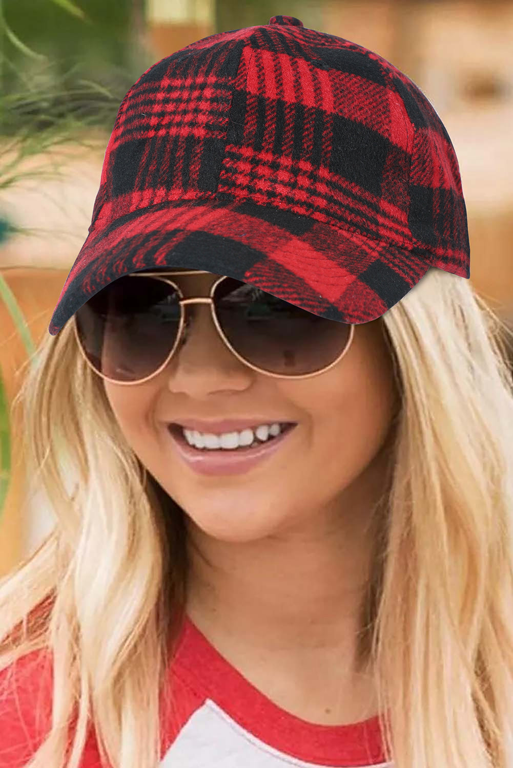 Fiery Red Plaid Print Adjustable Baseball Cap Hats & Caps JT's Designer Fashion