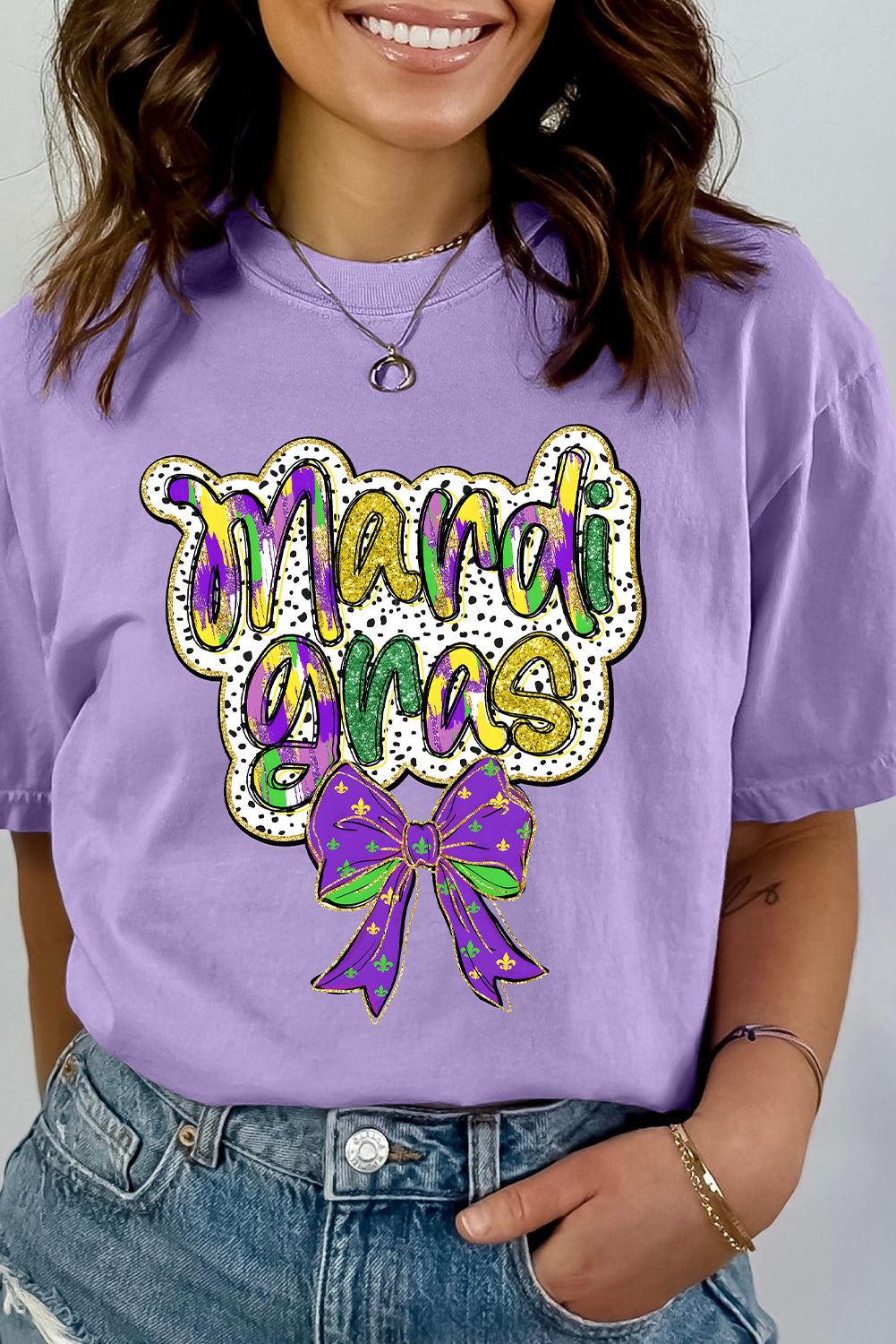 Wisteria mardi gras Bow Printed Crewneck Holiday T Shirt Graphic Tees JT's Designer Fashion