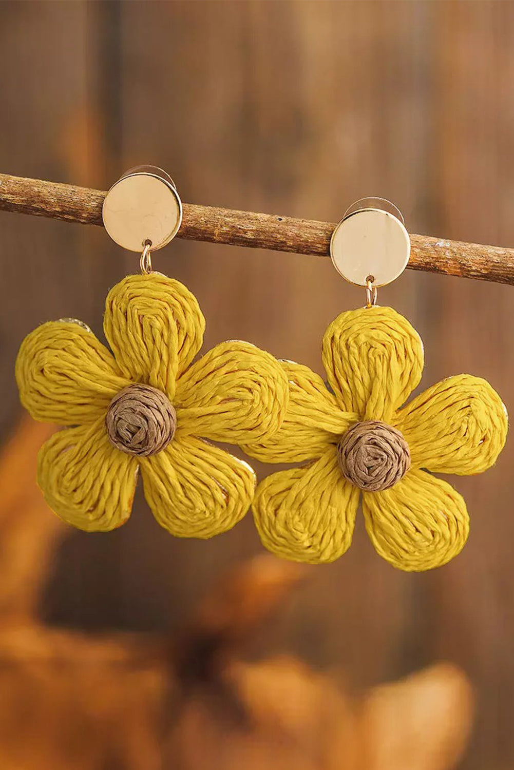 Yellow Bohemian Floral Stud Rattan Earrings Jewelry JT's Designer Fashion