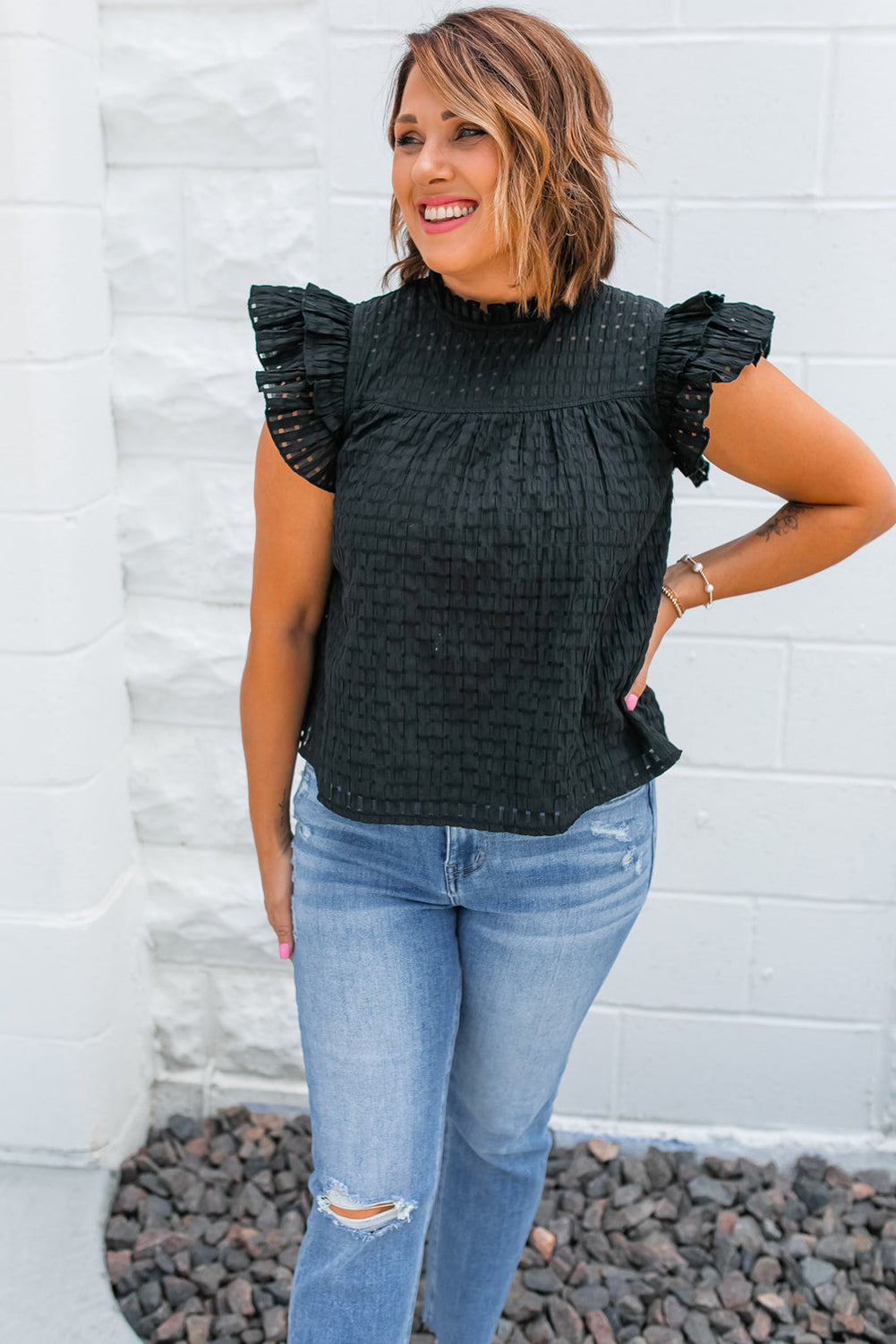 Black Hollowed Texture Ruffle Sleeve Blouse Blouses & Shirts JT's Designer Fashion