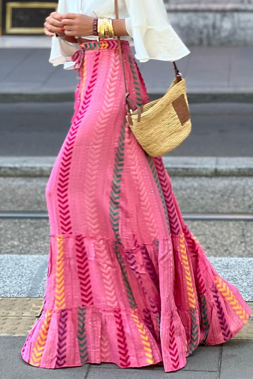 Pink Boho Printed Tasseled Drawstring Ruffled Maxi Skirt Bottoms JT's Designer Fashion