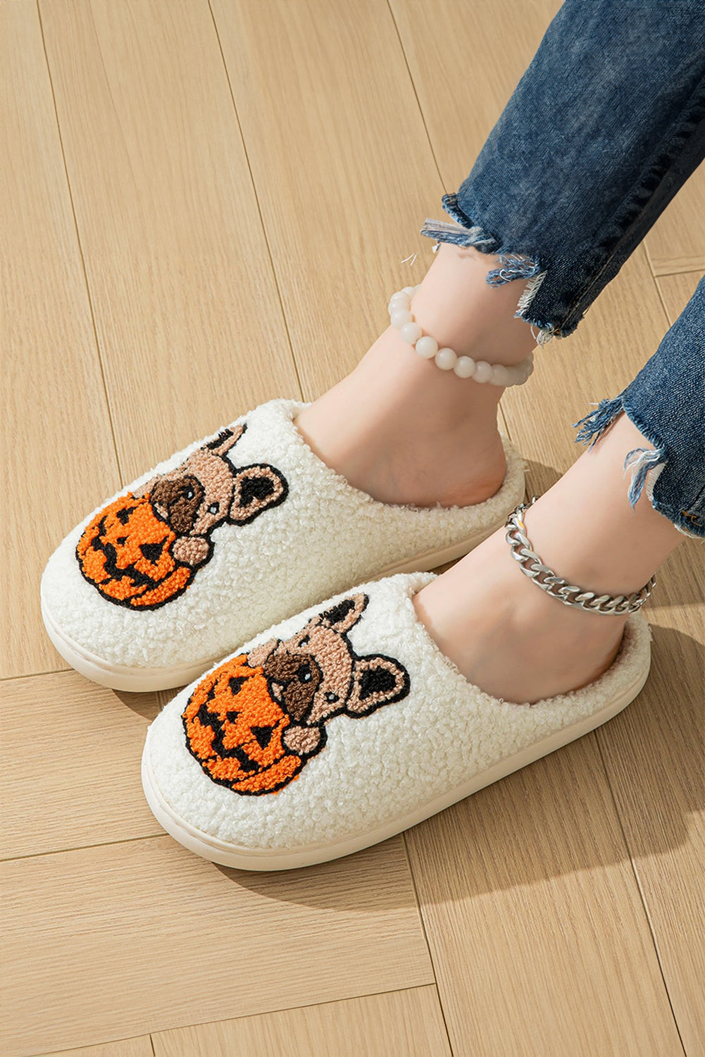 White Halloween Dog Pumpkin Pattern Fuzzy Slippers Slippers JT's Designer Fashion