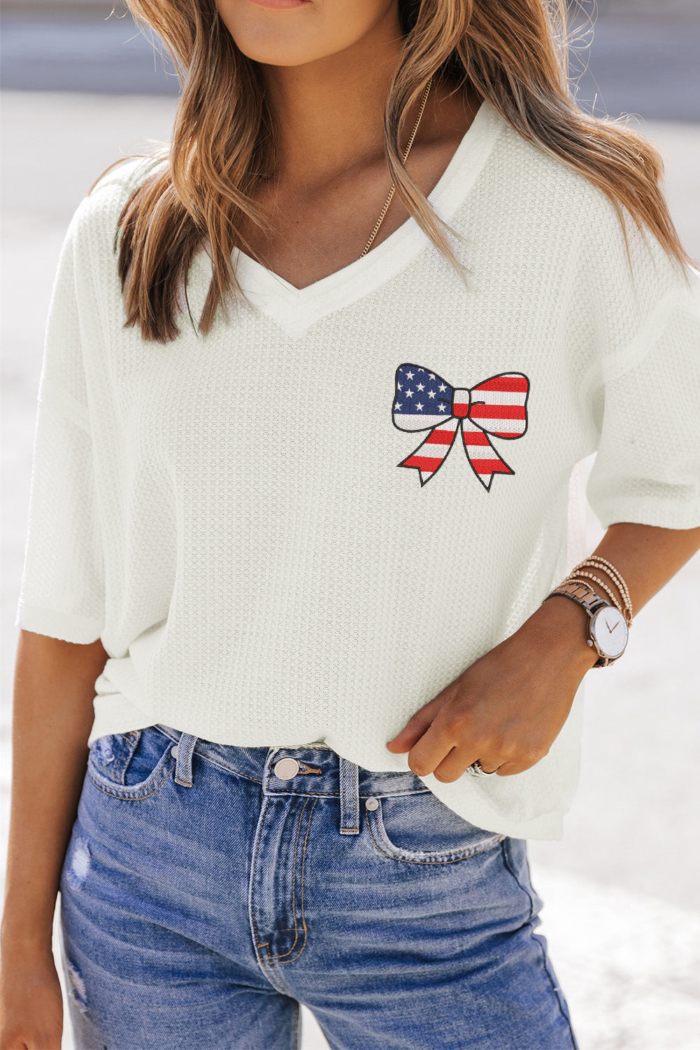 White Embroidered Stars Stripes Bowknot Logo Textured Knit T Shirt Graphic Tees JT's Designer Fashion