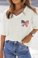 White Embroidered Stars Stripes Bowknot Logo Textured Knit T Shirt Graphic Tees JT's Designer Fashion