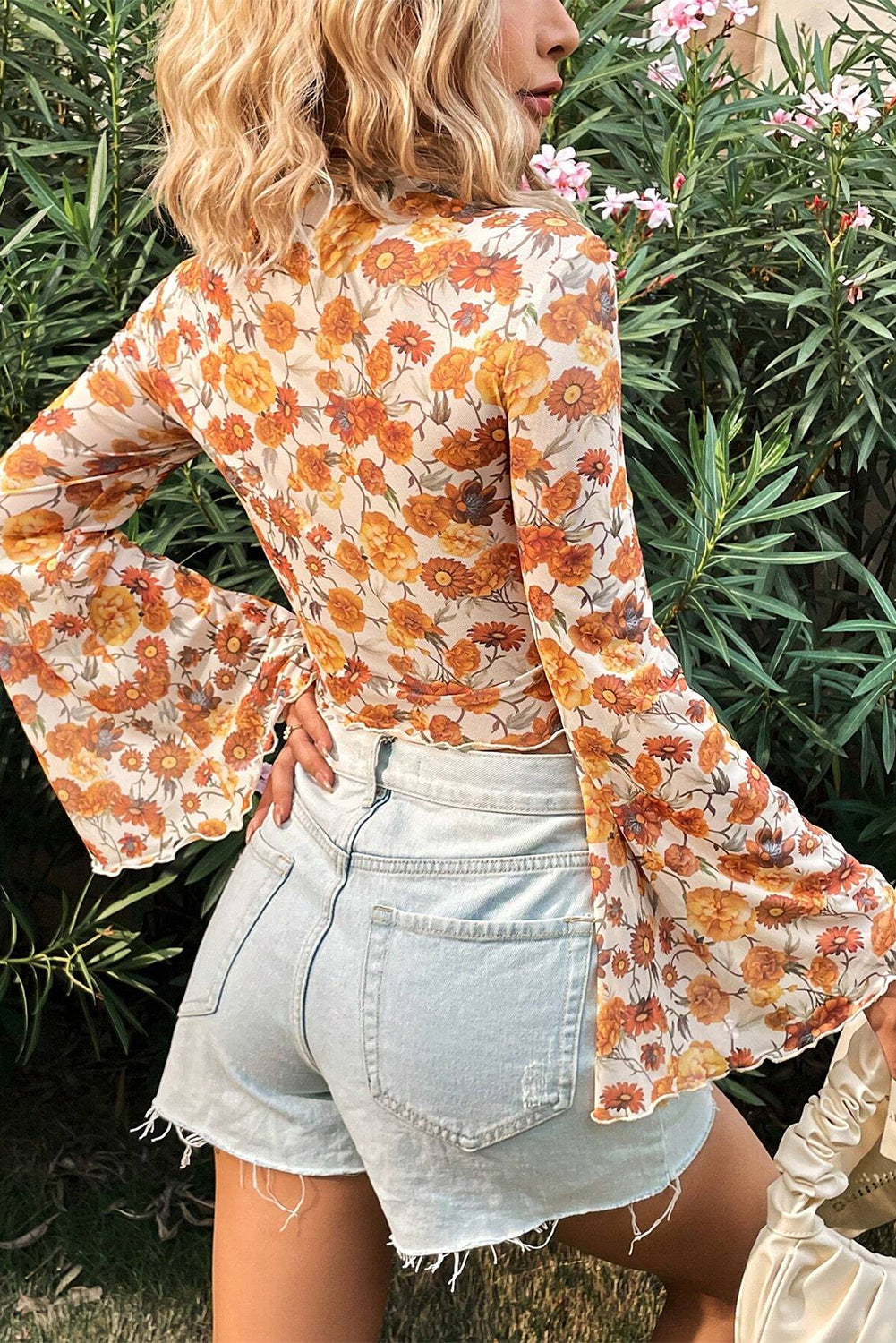 Orange Floral Printed Bell Sleeve Mock Neck Scallop Trim Blouse Blouses & Shirts JT's Designer Fashion