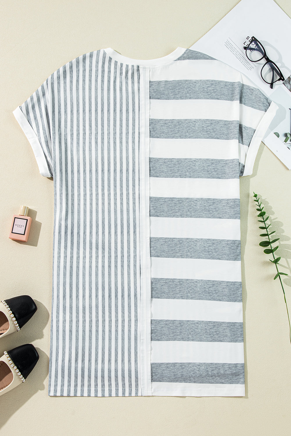 Gray Stripe Mixed Printed Short Sleeve Shift Mini T Shirt Dress T Shirt Dresses JT's Designer Fashion