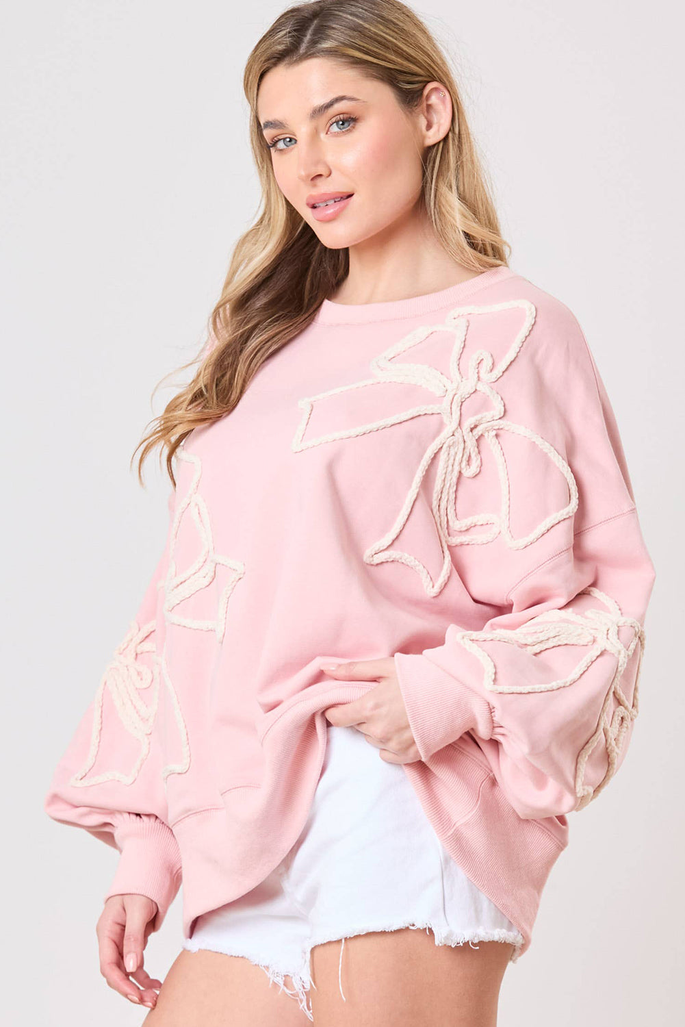 Light Pink Bow Thread Embroidery Ribbed Edge Sweatshirt Sweatshirts & Hoodies JT's Designer Fashion