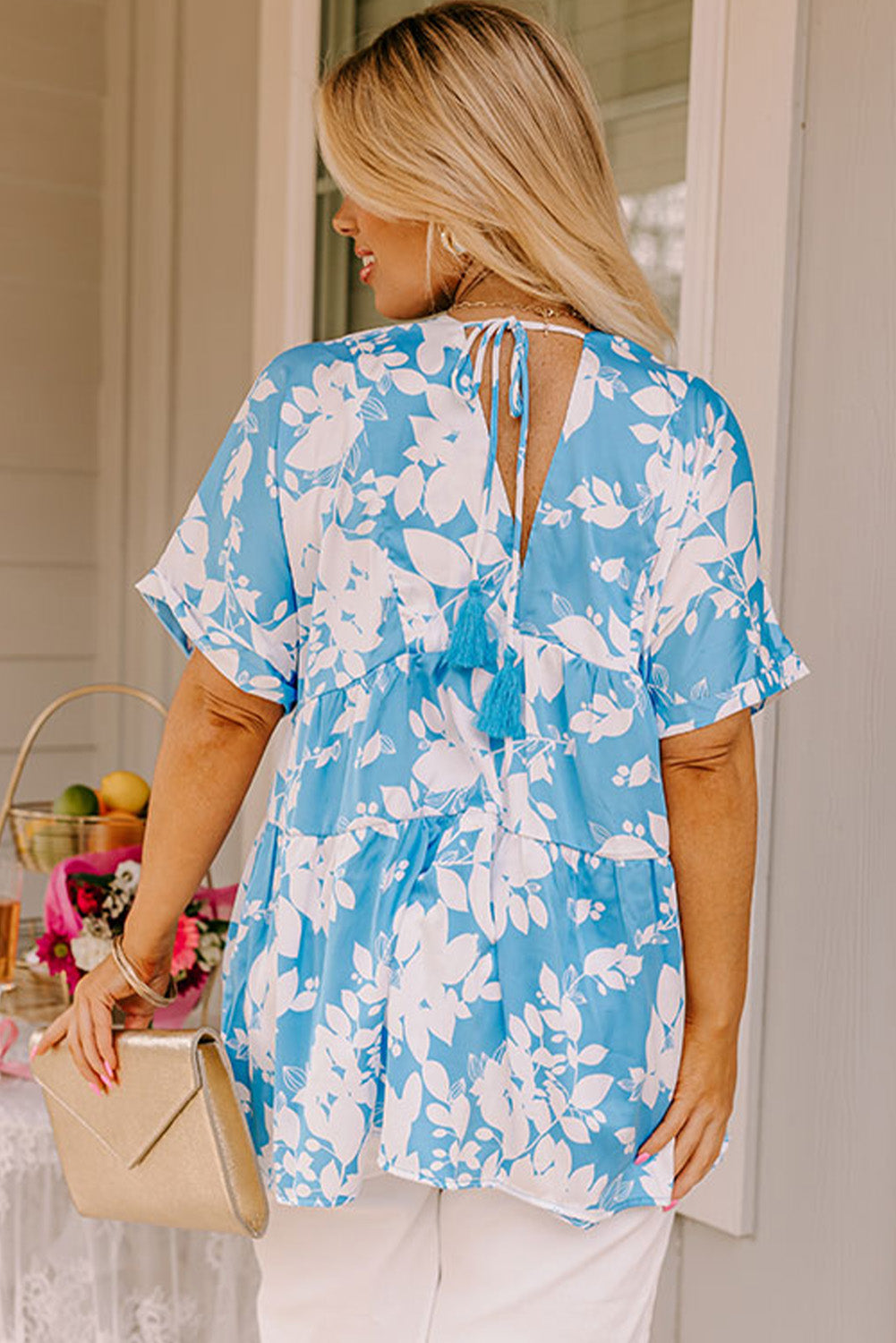 Sky Blue Floral V Neck Tassel Tied Back Plus Babydoll Top Plus Size JT's Designer Fashion