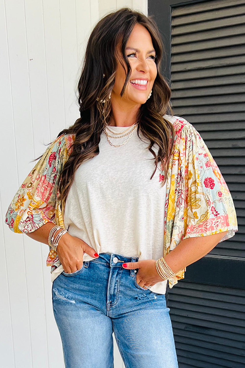 Beige Floral Patchwork Half Batwing Sleeve Blouse Blouses & Shirts JT's Designer Fashion