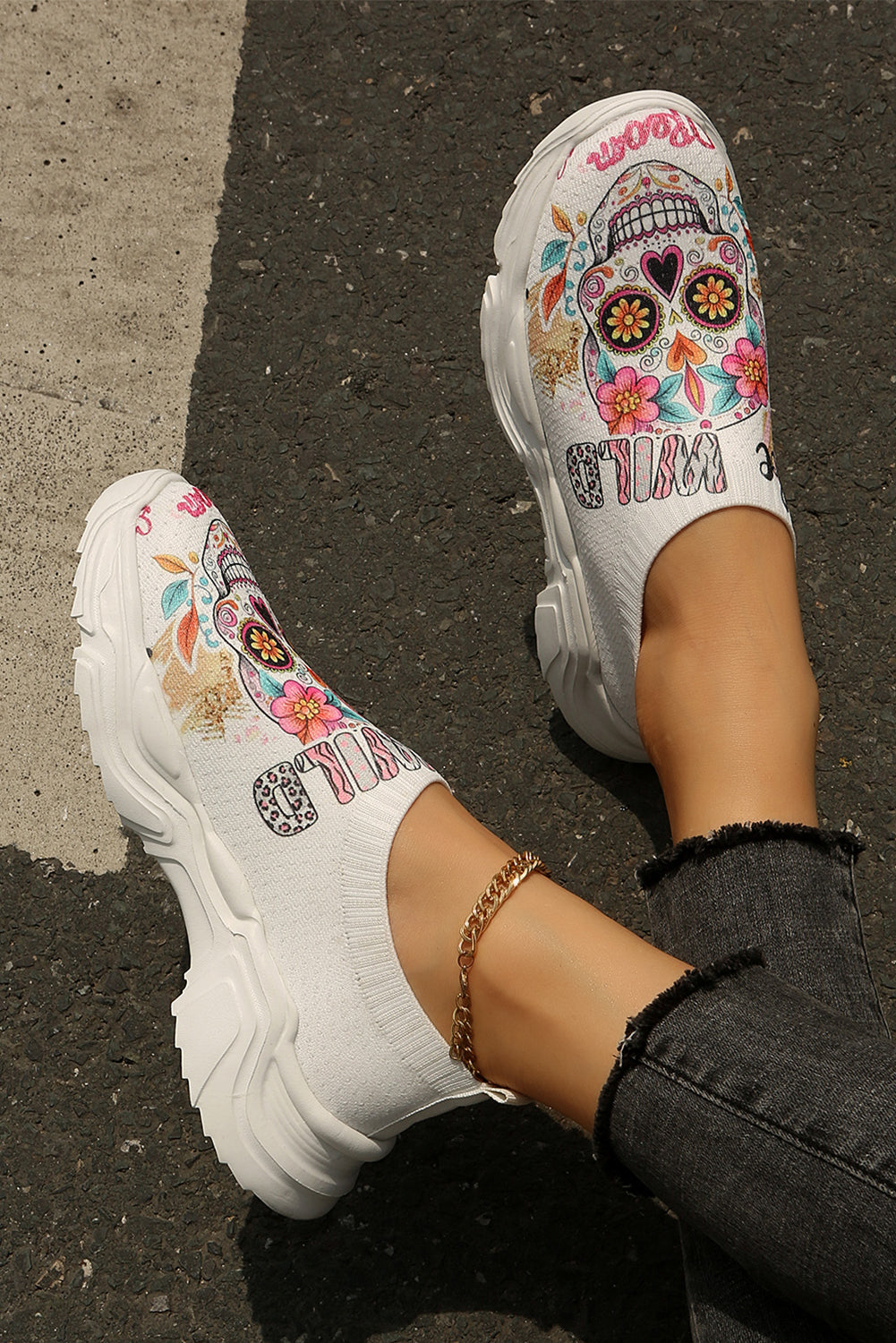 White Halloween Floral Skull Printed Slip-On Flat Shoes Women's Shoes JT's Designer Fashion