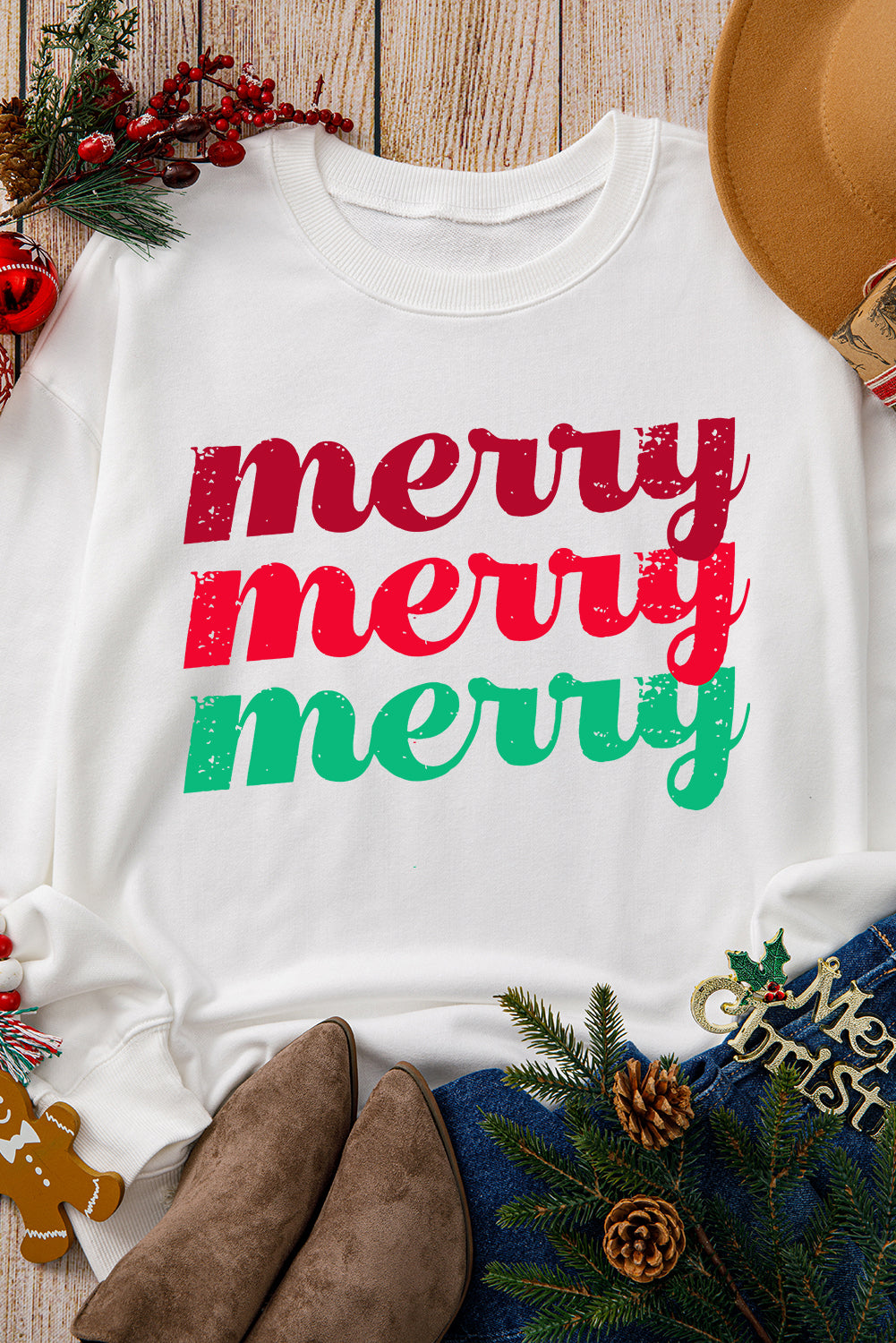 Beige merry merry merry Printed Christmas Sweatshirt Graphic Sweatshirts JT's Designer Fashion