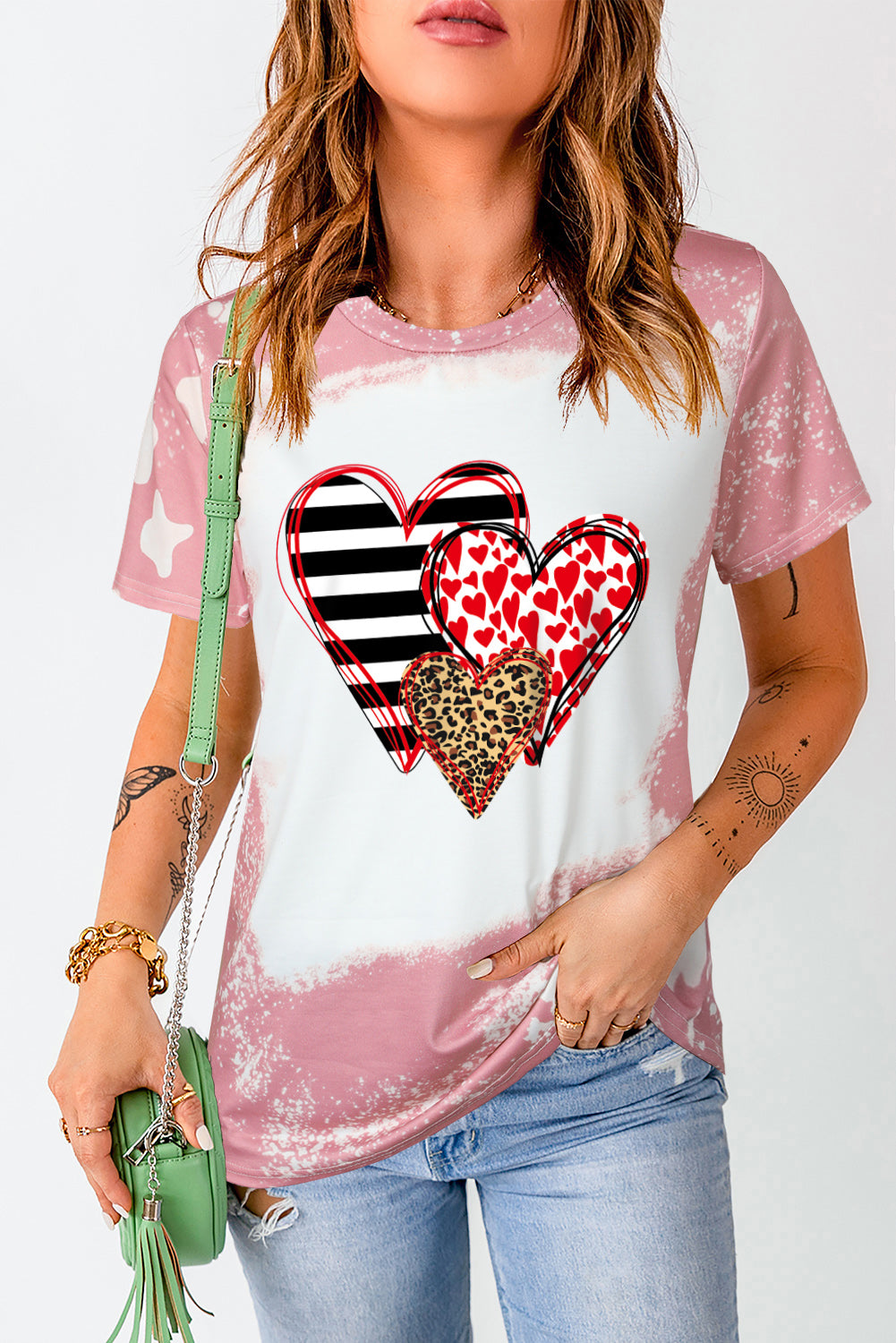 Pink Bleached Tie-dye Print Heart Shape Graphic Tee Graphic Tees JT's Designer Fashion