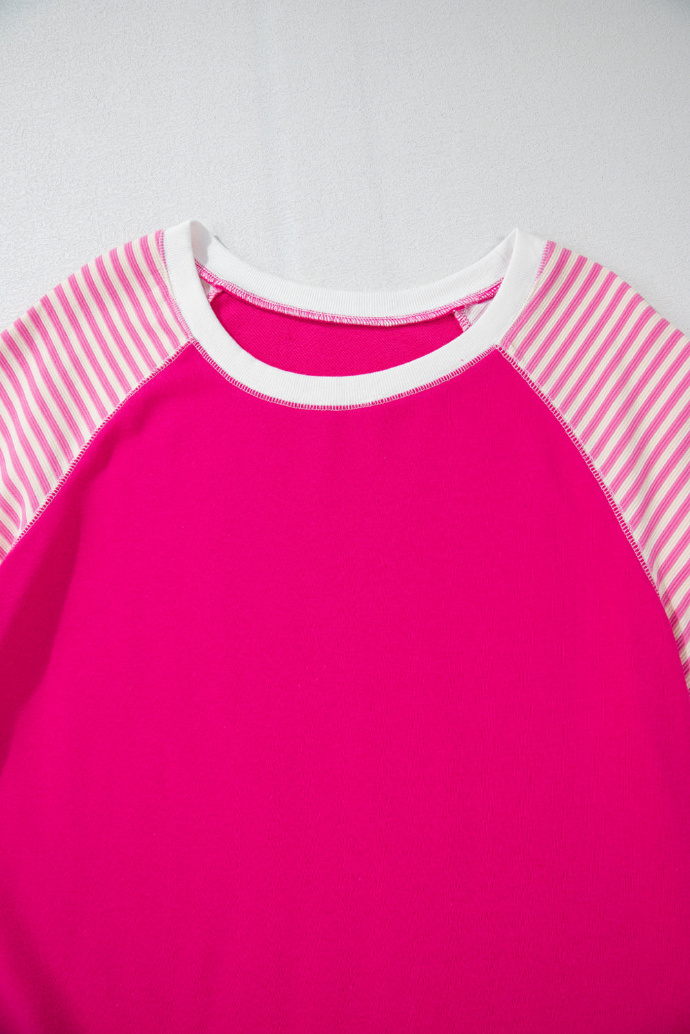 Strawberry Pink Striped Patchwork Crew Neck Raglan Sleeve Top Long Sleeve Tops JT's Designer Fashion