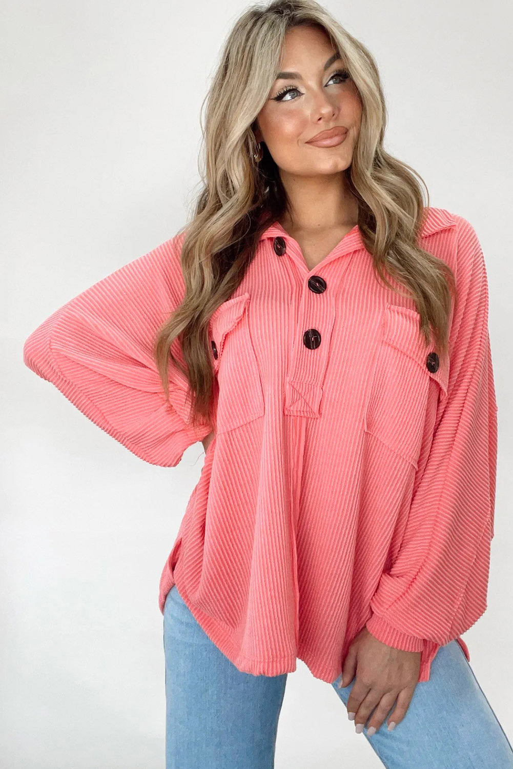 Pink Corded Flap Pocket Henley Top Long Sleeve Tops JT's Designer Fashion