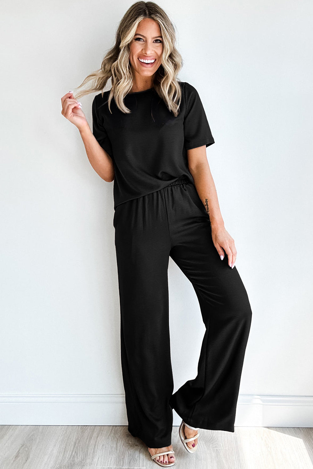 Black Solid Color T Shirt 2pcs Wide Leg Pants Set Pant Sets JT's Designer Fashion