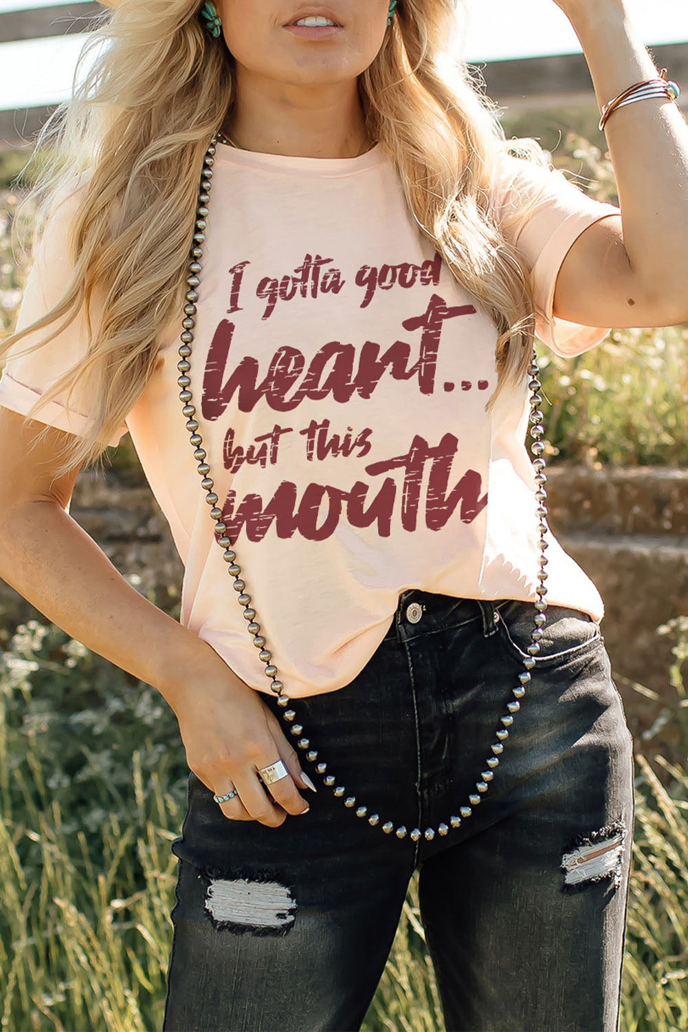 Pink I Gotta Good Heart But This Mouth Slogan Graphic Tee Pink 95%Polyester+5%Elastane Graphic Tees JT's Designer Fashion