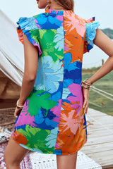Blue Bold Floral Flutter Sleeve Shift Mini Dress with Pockets Floral Dresses JT's Designer Fashion