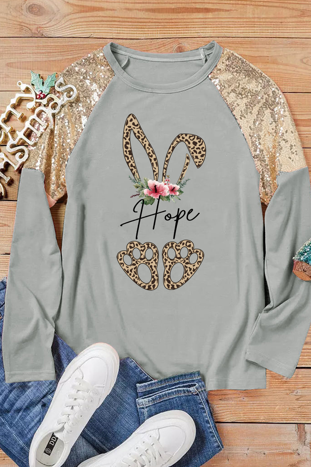 Gray Bunny Hope Print Sequin Patchwork Long Sleeve Sweatshirt Graphic Sweatshirts JT's Designer Fashion